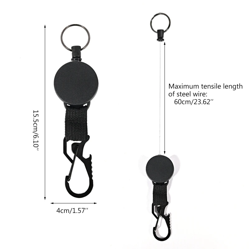 

60cm Badge Reel Retractable Recoil Anti Lost Ski Pass ID Card Holder Key Ring Steel Cord Black Wire Rope Keychain