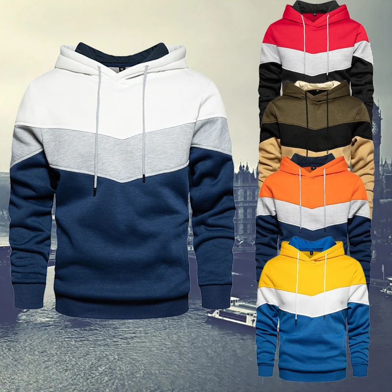 

2021 New Men's Stitching Color Tops Man Lining Fleece Hooded Hoodies Casual Sports All-match Men Autumn and Winter Clothing