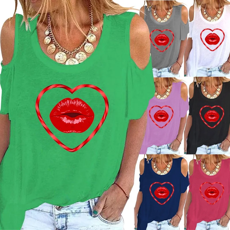 

Summer New Fashion Women's Love Printing Short-sleeved Round Neck Shirt Top Casual Off-shoulder T-shirt Plus Size