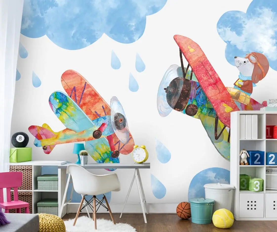 

Carton Colorful Airplane Wall Mural for Kids Children Bedroom Wallpaper Roll Murals Contact Paper 3D Wall Papers Home Decor