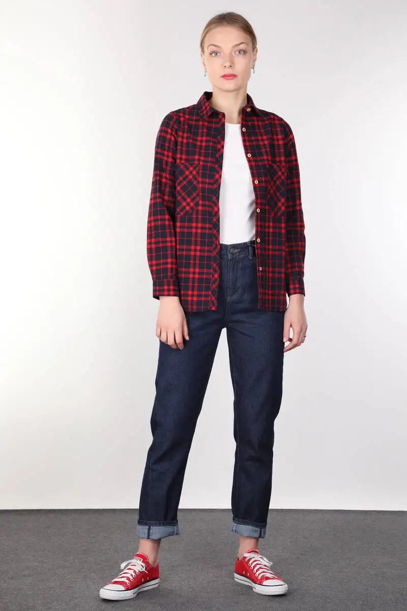 

Pockets Burgundy Plaid Womens Shirt