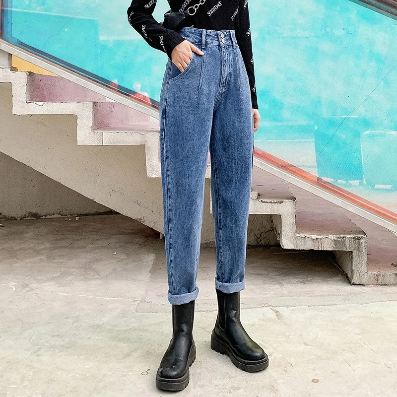 

Baggy'Jeans Women Casual Loose Vintage Wash Button Mom Jeans Streetwear Harajuk High Waist Black Denim Ankle Length Harem Pants