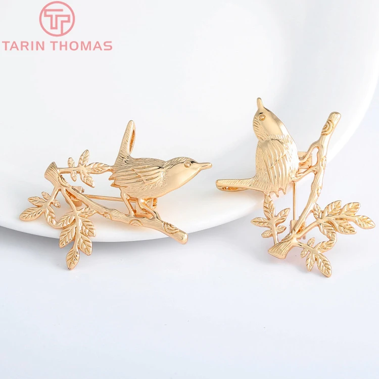 

(33166)4PCS 34.5*35MM Pin thickness 1MM Brass 24K Champagne Gold Color Plated Bird Brooch Jewelry Findings Accessories