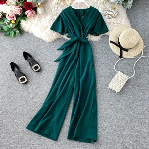 Женский демисезонный комбинезон с V-образным вырезом, прямые брюки с коротким рукавом и широкими штанинами, комбинезон с завышенной талией ML537