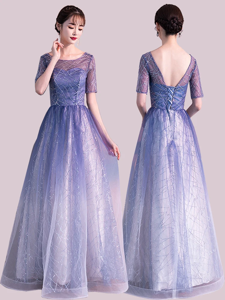 

Blue O-neck Evening Dress Embroidered Party Dress Half-Sleeve A-line Gown Elegant Tulle Long Robe XUCTHHC New 2020 Formal Dress