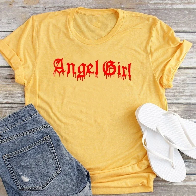 

VIP HJN Angel Girl Letter Print T-shirt Women Short Sleeve Gothic Tees Harajuku T Shirt Cotton Girl Tops Hipster Grunge
