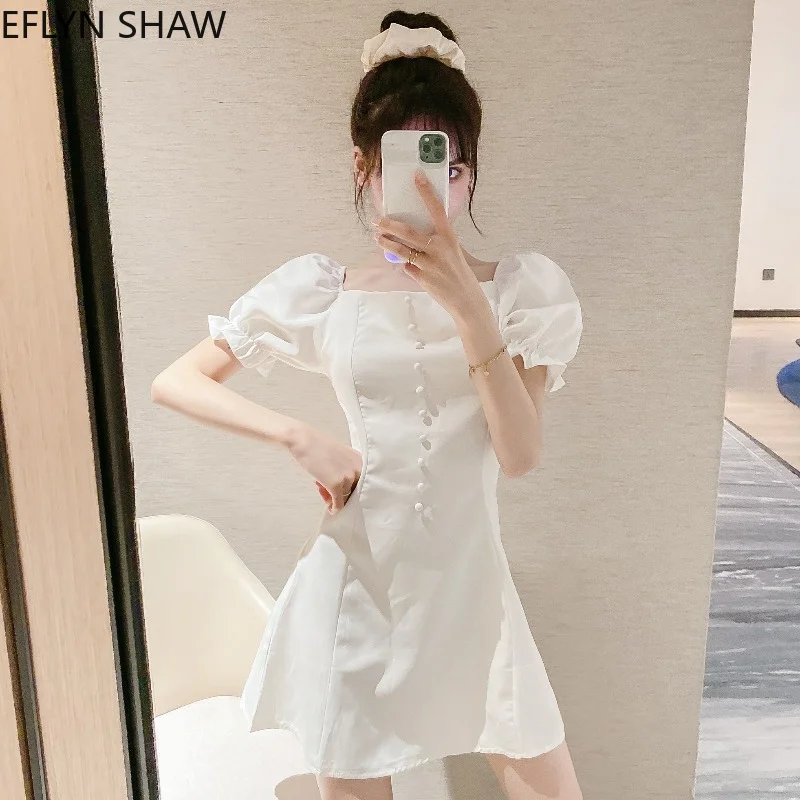 

Summer Mini Party Dress 2021 New Women Square Neck Thin A-line Short White Dress Sexy Buttons Up Black Evening Club Dress