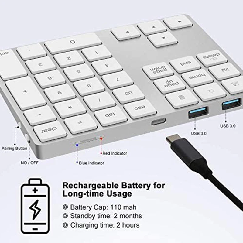 

Wireless Number Keyboard 34-Keys Numeric Keypad+USB Type-C Hub Bluetooth Numeric Keypad,Rechargeable Wireless Pad