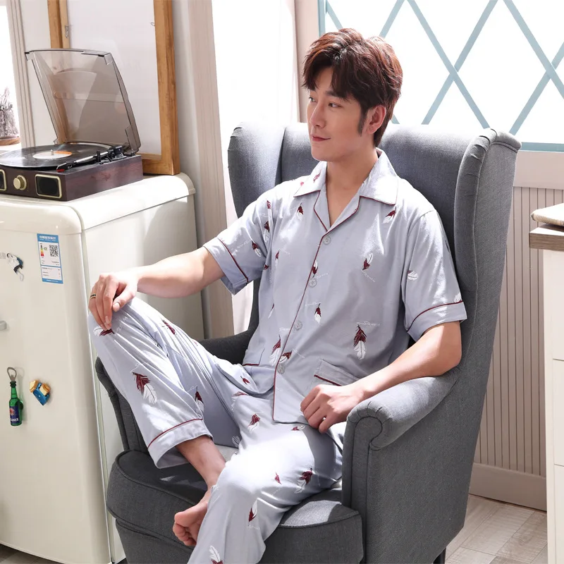 Men Cotton Pajamas Set Summer pijama hombre Homewear Sleepwear Short Sleeve Trousers Leisure sexy pajamas for men Big size 3XL