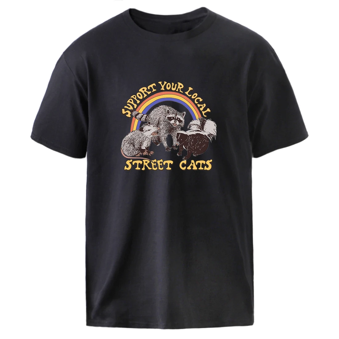 

Plus T shirts Man Support Your Local Street Cats Print Vintage Black Tees Summer Short Sleeve Tops Male Harajuku Black Tshirts