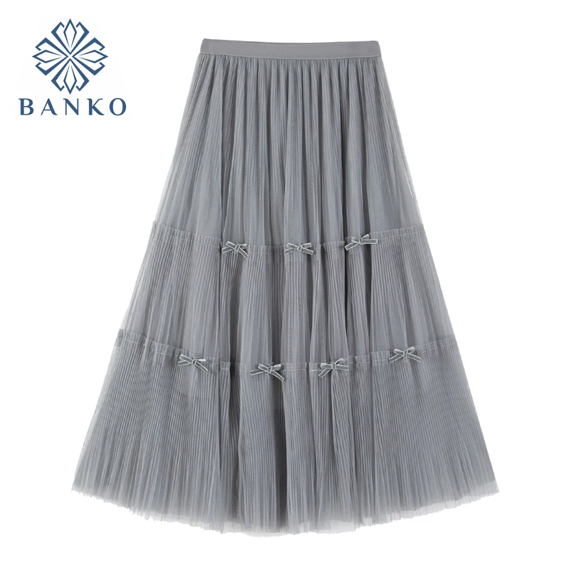 

2021 Mesh Skirt For Ladies Korean Bow Design Sweet Women's Skirts Tull Fairy Clothes Oversized Loose Elegant Streetwear Buttoms