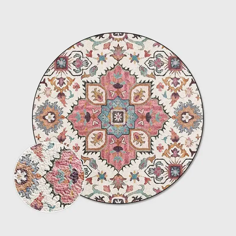 

Indian Ethnic Carpet Floral Pattern Pink Rug Round Carpet In The Bedroom American Country Style Living Room Decor Floor Mat