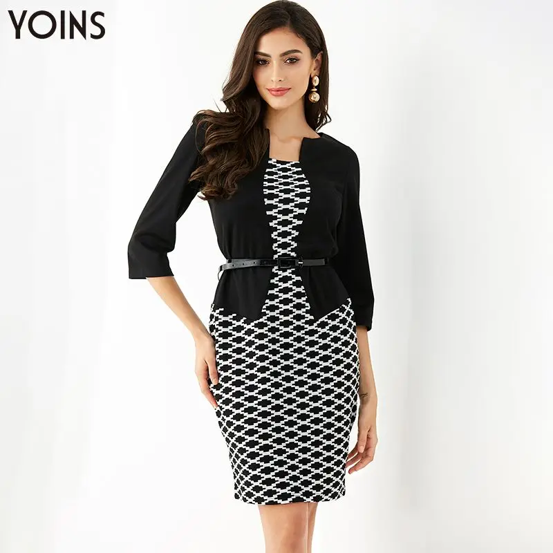YOINS Элегантное повседневное геометрическое платье с поясом на молнии сзади 3/4