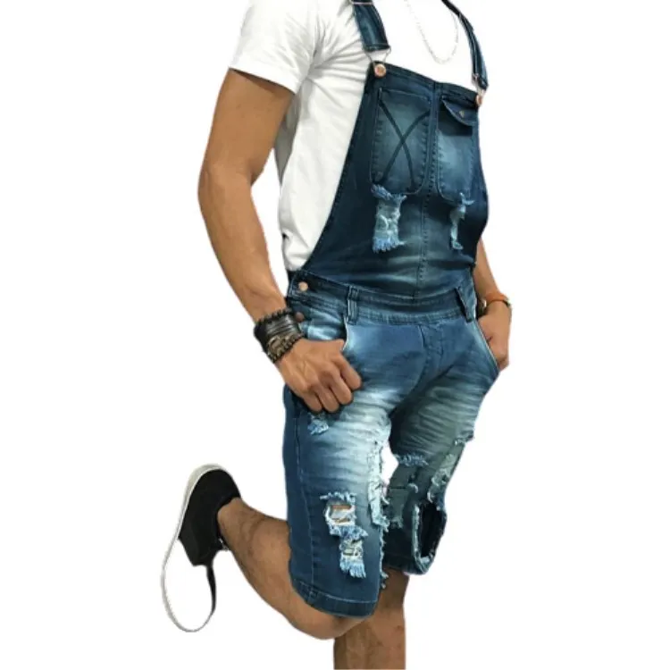 

WEPBEL Denim Strap Shorts Men's Casual Pocket Ripped Stitching Shorts Summer Fashion Loose Strap Straight Knee Length Pants