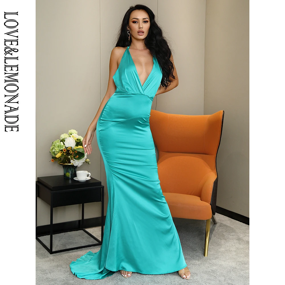 Женское платье с открытой спиной LOVE & LEMONADE светло зеленое вечернее макси из