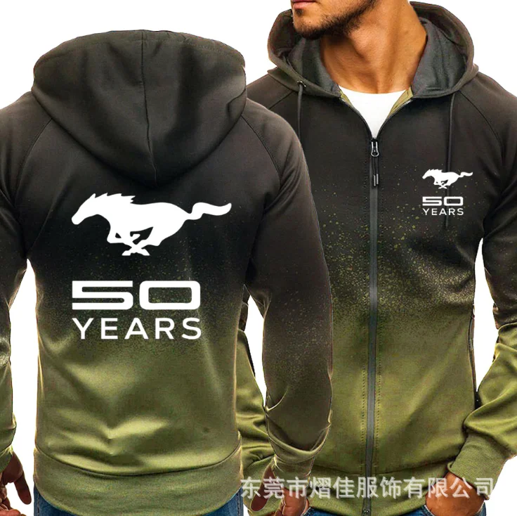 

NEW Spring Autumn MUSTANG Print Sweatshirt Gradient Hoodies Fleece Zipper Jacket Mens Hoodie Harajuku Male Clothing H