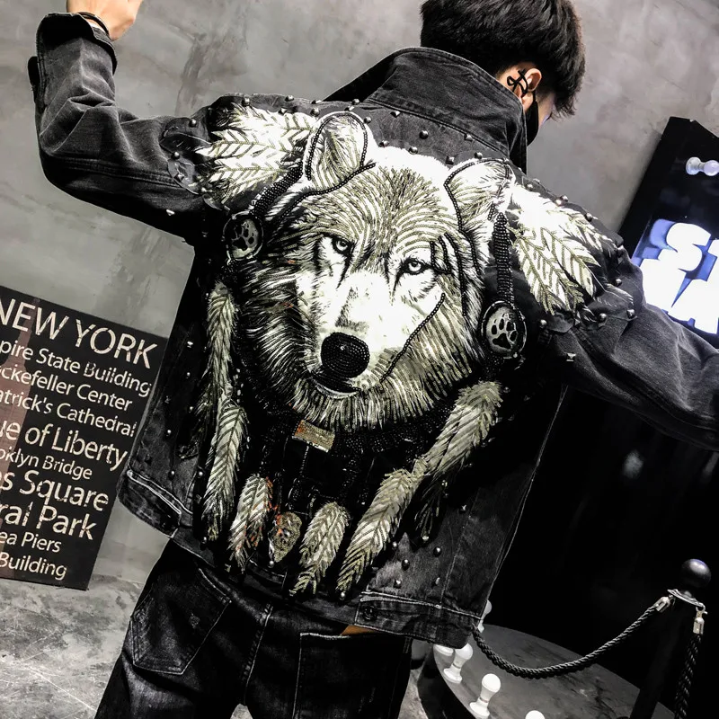 

Jacket Black YASUGUOJI Rivet 2019 Wolf for Streetwear Men New Jackets Embroidered Punk Men Style Jean Jacket Novel Slim Denim Pu
