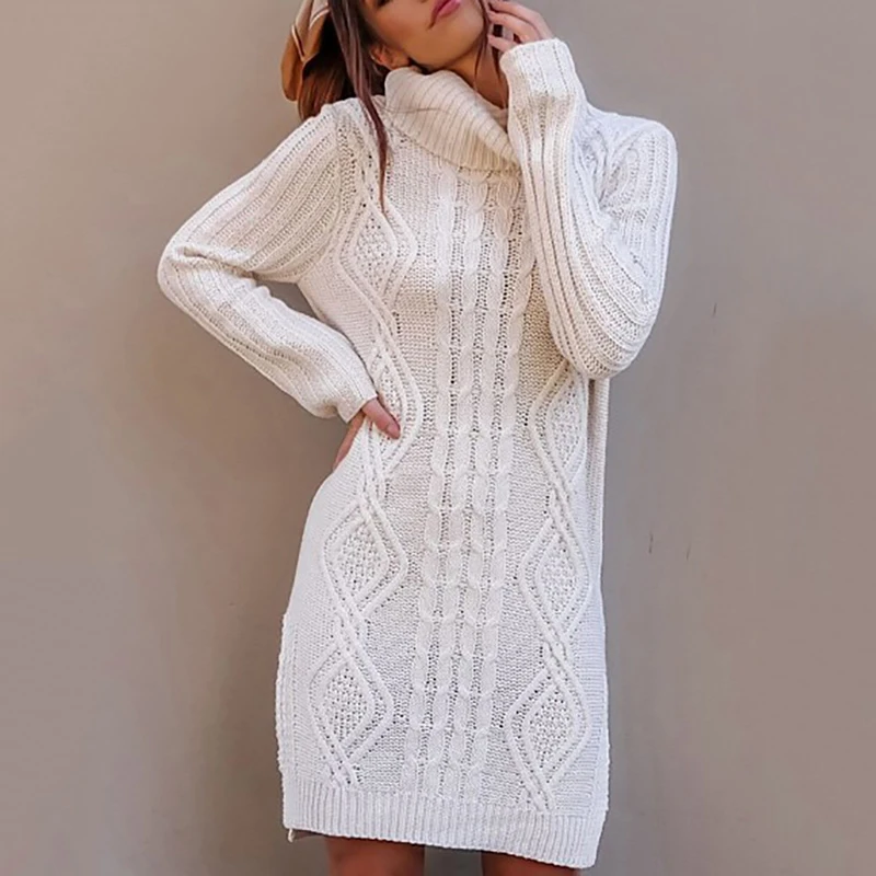 

White Turtleneck Women Knitted Sweater Long Sleeve Slit Casual Sweater Dresses Autumn Winter Womens Pullover Sweaters 2020