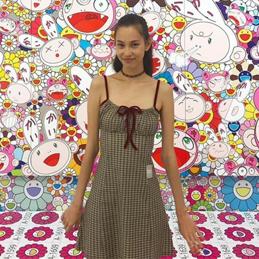 Милое винтажное платье kawaii kiko Bella Хадид на шнуровке красное маленькое клетчатое
