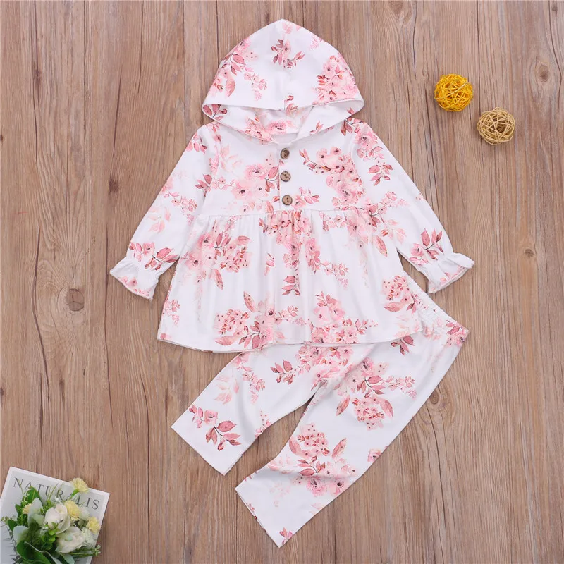 

Girl’s Long-sleeved Trousers Suit Sweet Flower Printed Hooded T-shirt Tops and Elastic Long Pants 2 Piece Set For 0-3T