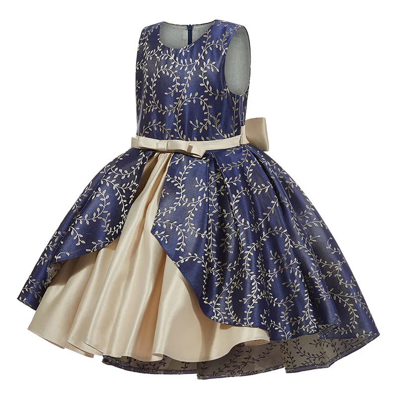 Платья для девочек с цветочным рисунком HT042 элегантное темно-синее детское