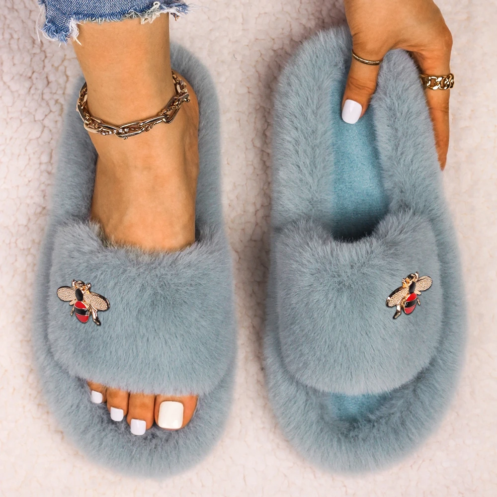 Fluffy Faux Fur Shoes Furry Women Flat Slippers Shining Crystal Rhinestone Insect Indoor Slides Winter Warm Home Flip-Flops