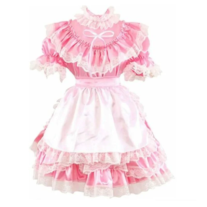 

New pattern Sissy maid Pink Satin Lace Dress Dress