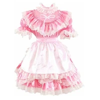 new pattern sissy pink satin lace maid dress dress