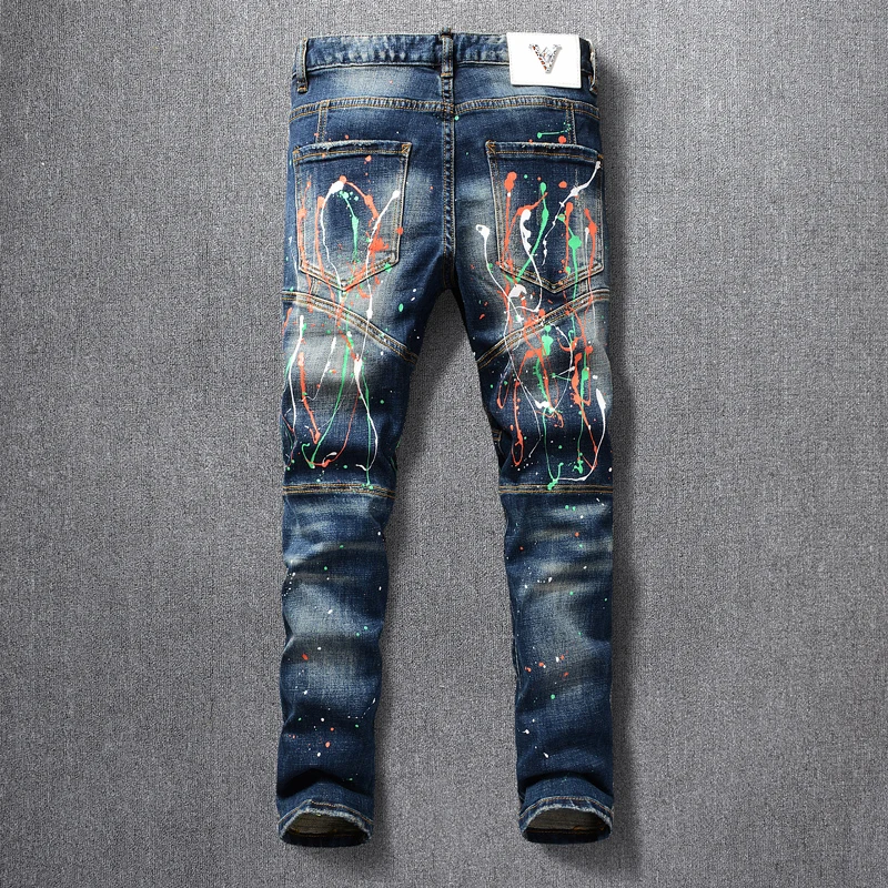 Men's Ink-Splattered Jeans Men Spring Slim Fit Elastic Punk Trousers Spliced Biker Jeans Fashion Personality Streetwear Hip Hop