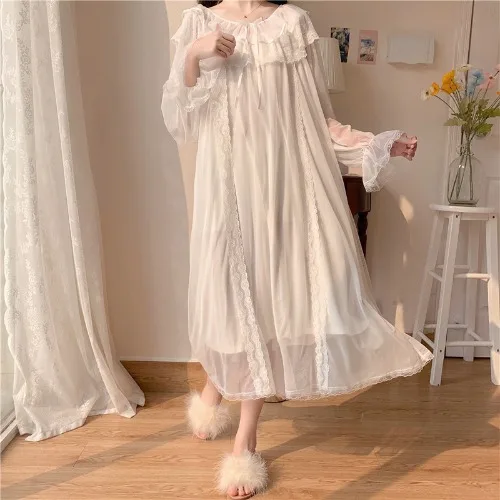 

2021 spring and summer new Korean sweet mesh BOW LACE stitching long sleeve Nightgown