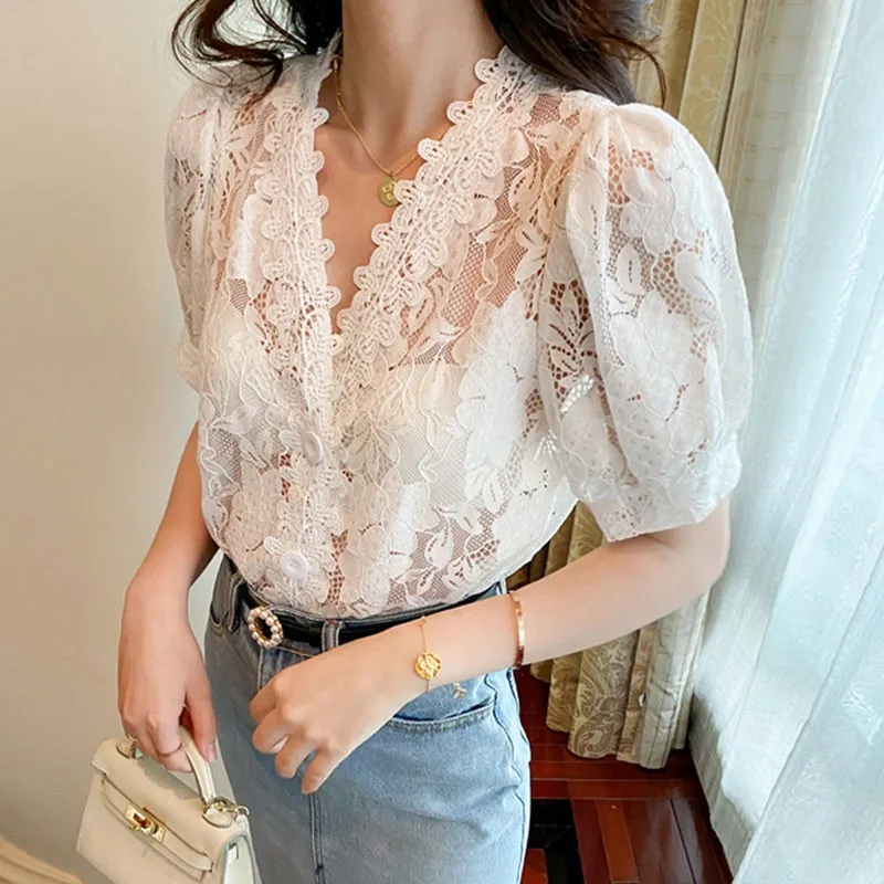 

New White Vintage Summer Tops Women Short Sleeve Hollow Out Shirt Female Retro Perspective Lace Blouse