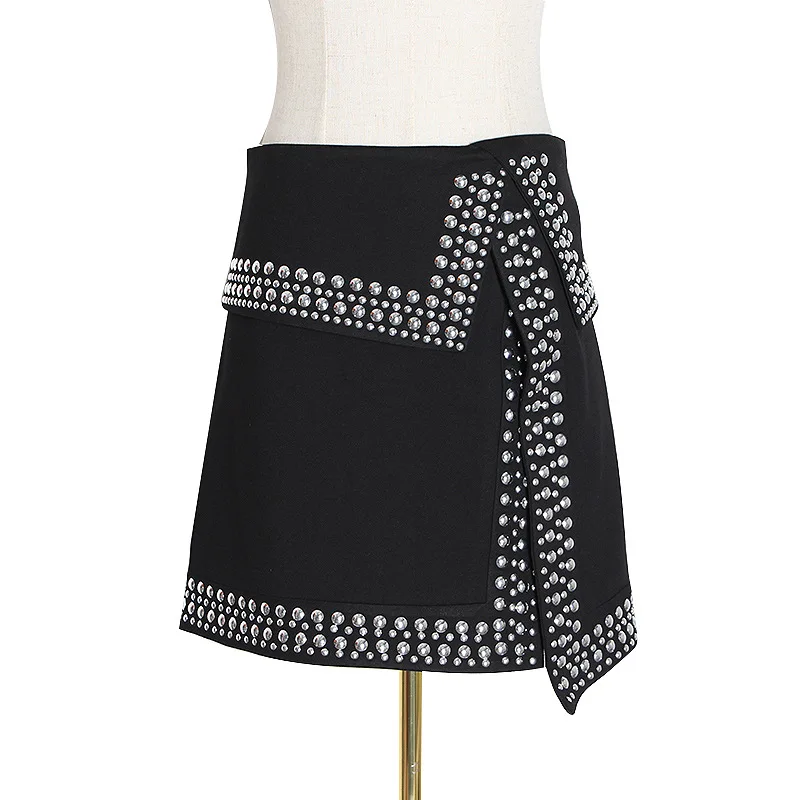 

Fashion Rivet Hot Bead Skirt Women's Wild Split Mini A- Skirt