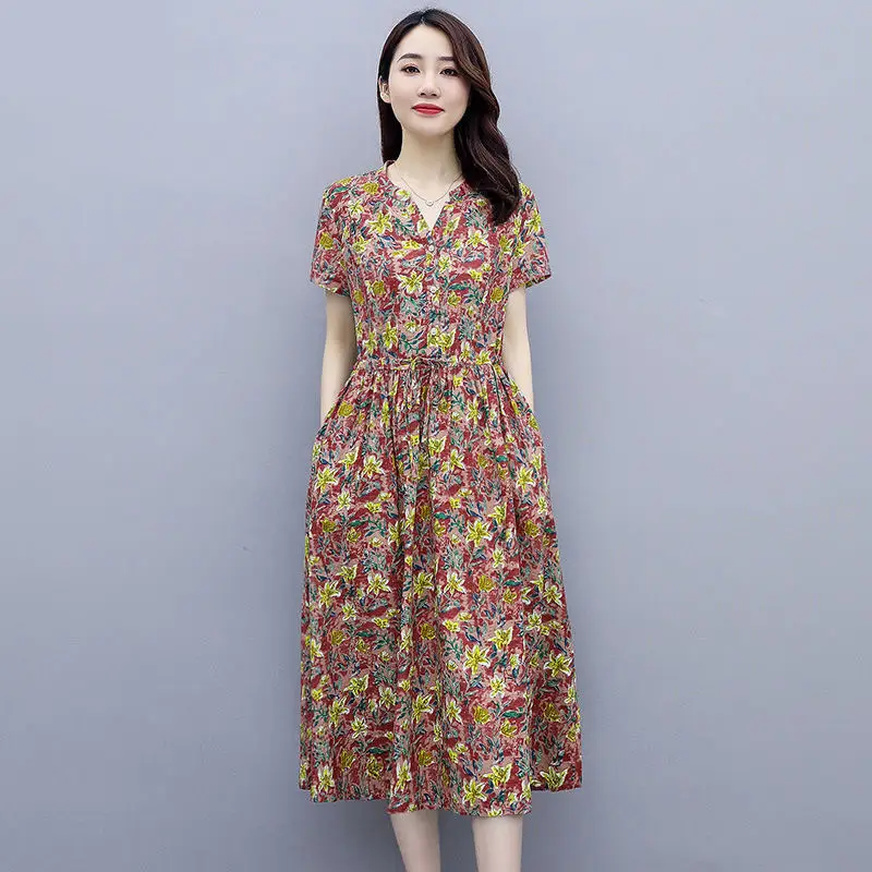 

Elegant Women's Dress Summer Spring Style V-Neck Short Sleeve A-Line Women's Dress Clothes Bohemia Women's Dress SS3388