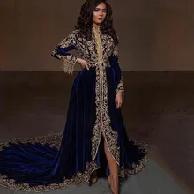 Azul marroquino kaftan caftan muçulmano vestidos de noite a linha mangas compridas apliques de veludo dubai árabe turquia abaya vestido islâmico (2)