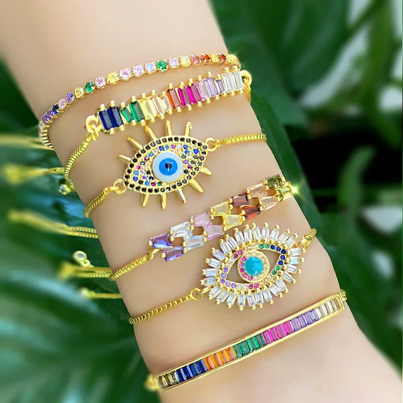 Модный золотой браслет с кубическим цирконием регулируемый Теннисный от сглаза