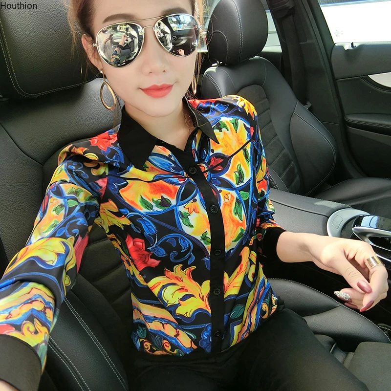 

Autumn New Women's Blouses Polo Shirt Long Sleeve Tops Printed Blouse Girl Viscose Casual Fashion Lady Slim