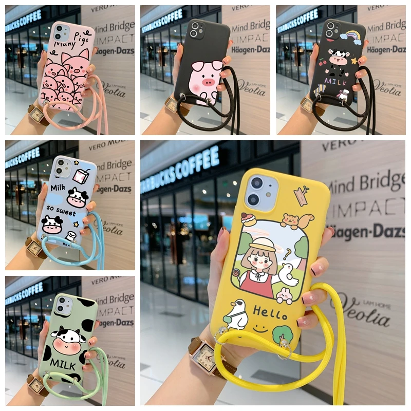 

Cute Girl Funda For Samsung A20E A10E A02S A21S A22 A32 SM-A325F A326B Cartoon Personality With Free Lanyard Phone Case Cover