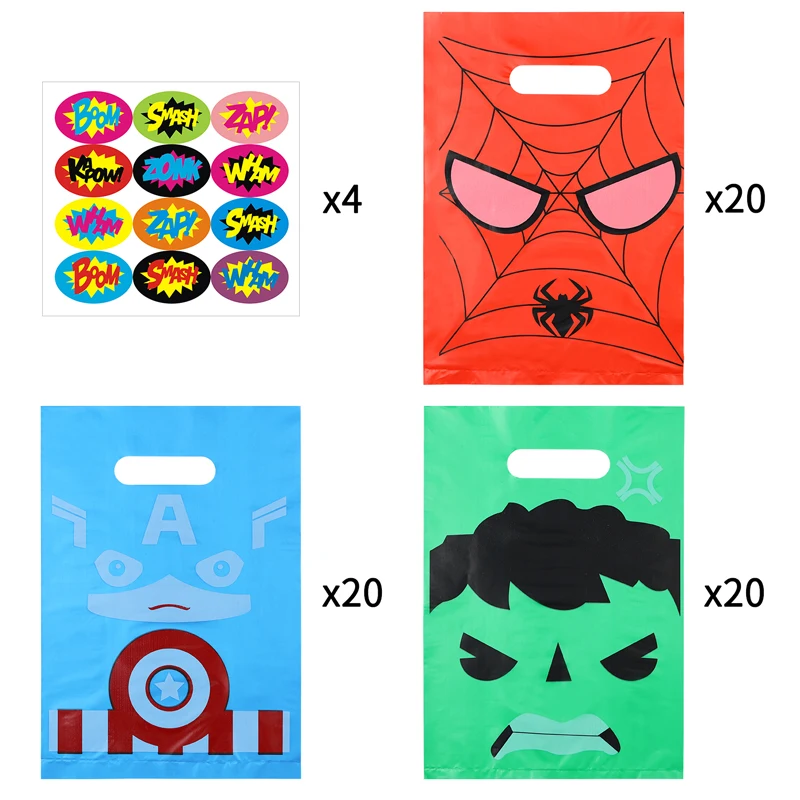

60Pcs Superhero Plastic Bags with Stickers Superhero Themed Parties Supplies Goodies Candy Gift Bags Party Decoration for Kids