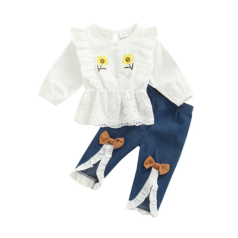 

6-24M Fashion Toddler Baby Girls Clothes Set Newborn Floral Print Flying Sleeve Tops and Elastic Bows Denim Trousers