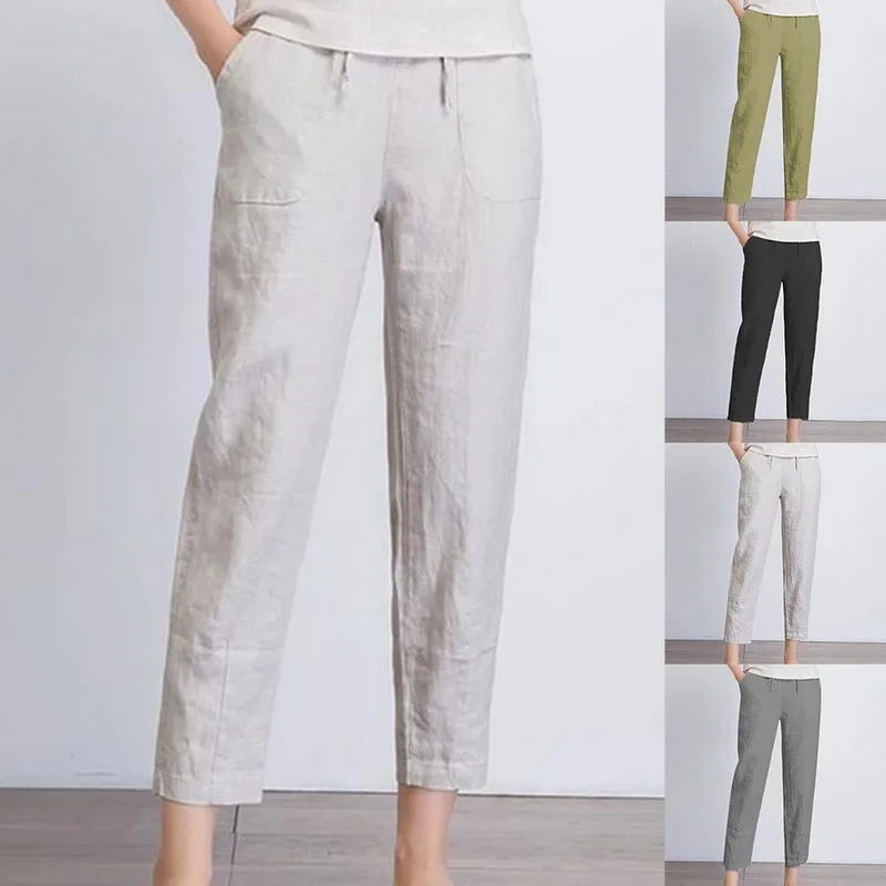 

2021 Spring Summer Autumn Casual Linen Pants For Women High Waist Light Gray Khaki Red Wine Pants 2XL