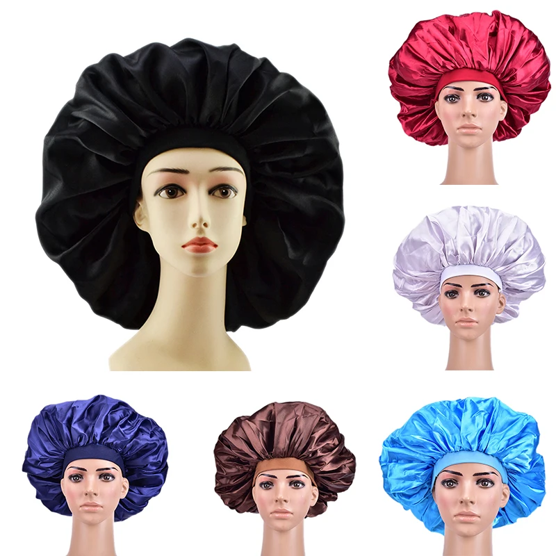 

Extra Large Satin Sleep Cap High Quality Waterproof Shower Cap Protect Hair Women Hair Treatment Hat 6 Colors