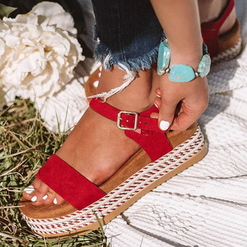 Сандалии женские с открытым носком соломенные босоножки на толстой подошве