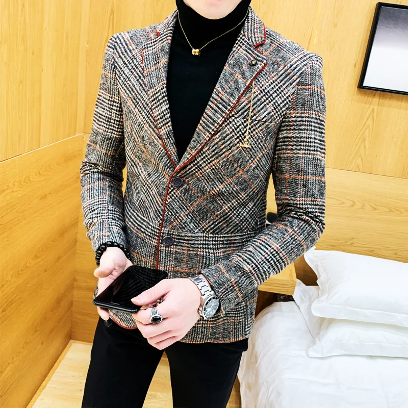 

Wool Blend Tweed Blazers Men New Antumn Winter Jacket Men's Plaid Suit Jacket Men Blazer Masculino Vintage Terno Masculino