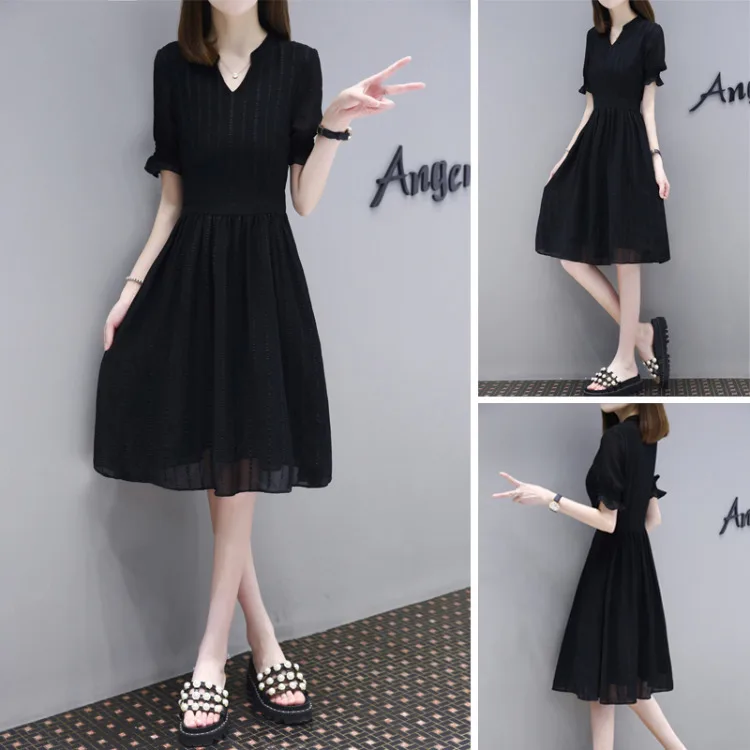 

New Women Casual Basic Summer Black Dress Short Sleeve V-neck Plus Size S~3XL