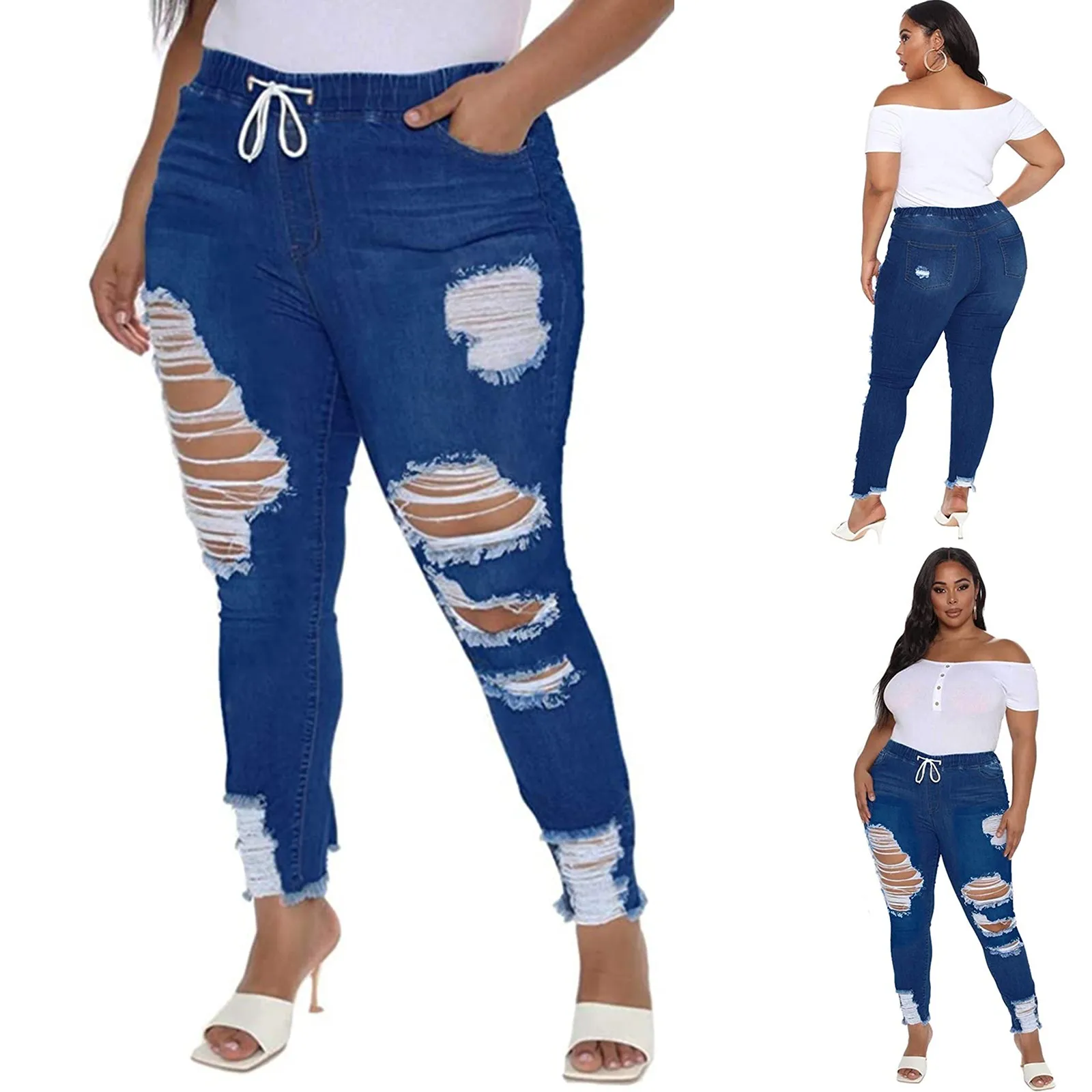 

Big jeans, broken holes, elastic water wash tie up women's jeans women's wear pants, Europe and America SAGACE spodnium 2021