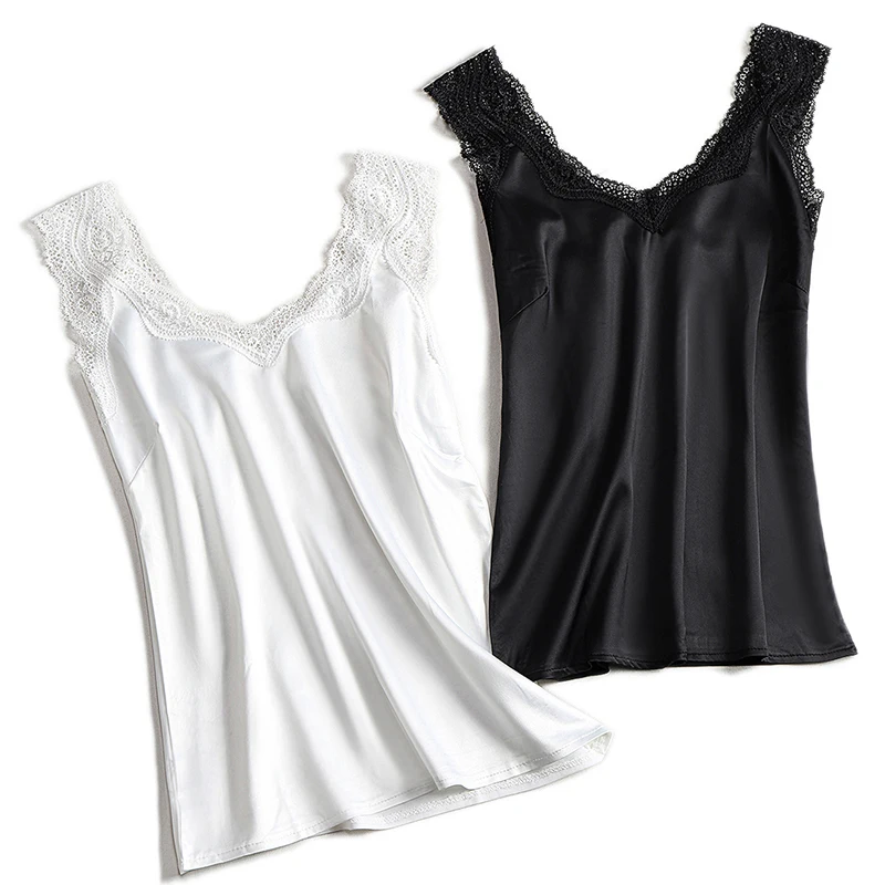 

Lace Strap Silk Top Women Sexy V Neck Sleeveless WhiteVest Satin Elasticity Mesh Silk Tank Tops Women Basic Plus Size Camisole
