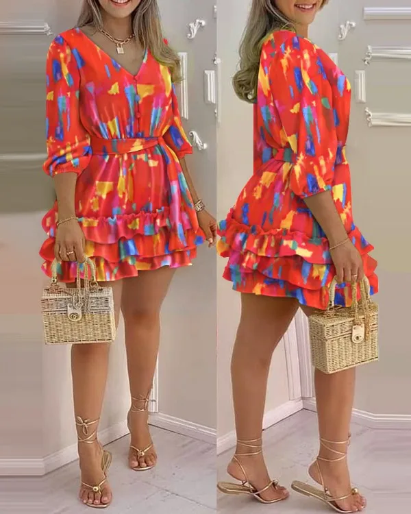 

Vestido da moda com babados em novo estilo, capuz estampado em camadas de 2021 e vestido com decote em V,