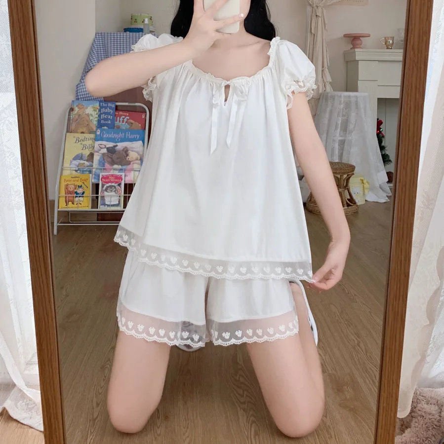 2021 Summer New Princess Style Women's Pajamas Suit Thin Lovely Japanese Lace Nightgown Homewear Female Sleepwear Lady Nightwear