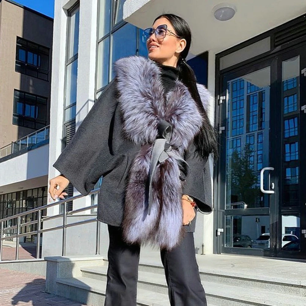 Dark Grey Natural Long Silver Fox Fur Collar Cashmere Coat Women Winter Fashion Genuine Fox Fur Wool Blends Coats Batwing Sleeve