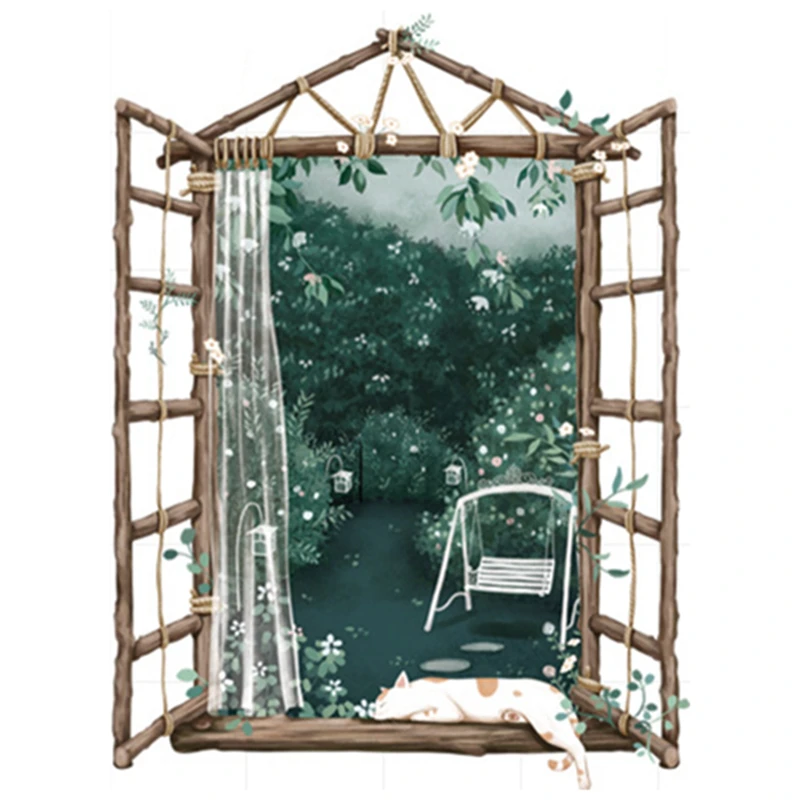 Зеленый сад пейзаж искусственная 3d деревянное окно виниловые настенные наклейки